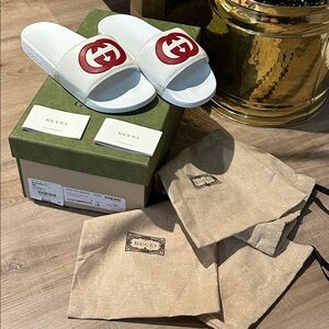 Gucci White Slides with Red Logo Napa Samoa Miro Soft Slides Size 7